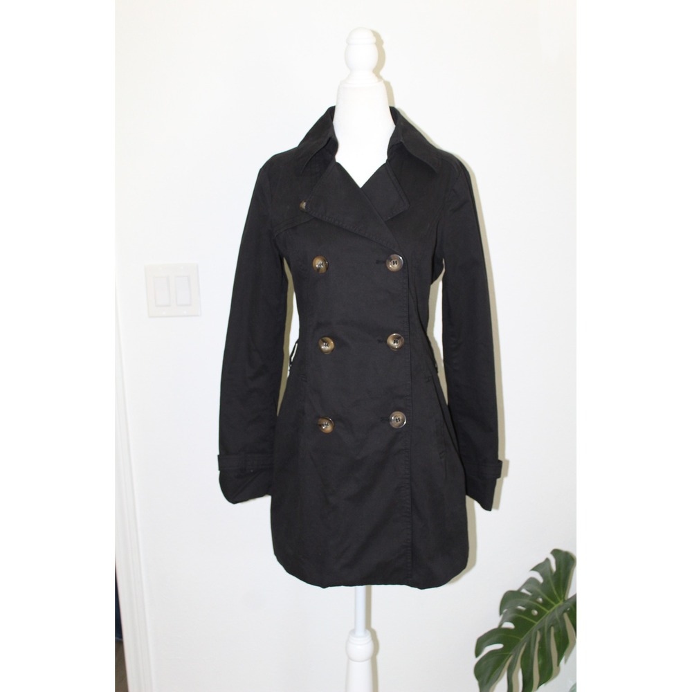 VTG Esprit Black Double Breasted Trench Coat Womens Size 6 Cotton Jacket